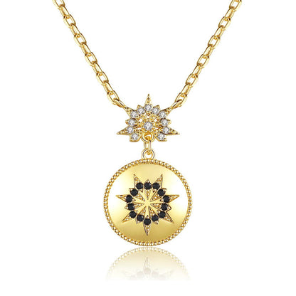 Black Cubic Zirconia and 18K Gold-Plated Floral Round Pendant Necklace, gold pendant necklace for women, front view