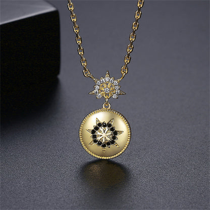 Black Cubic Zirconia and 18K Gold-Plated Floral Round Pendant Necklace, gold pendant necklace for women, side view