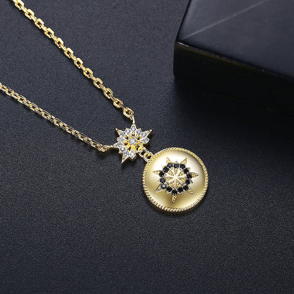 Black Cubic Zirconia and 18K Gold-Plated Floral Round Pendant Necklace, gold pendant necklace for women, lifestyle look