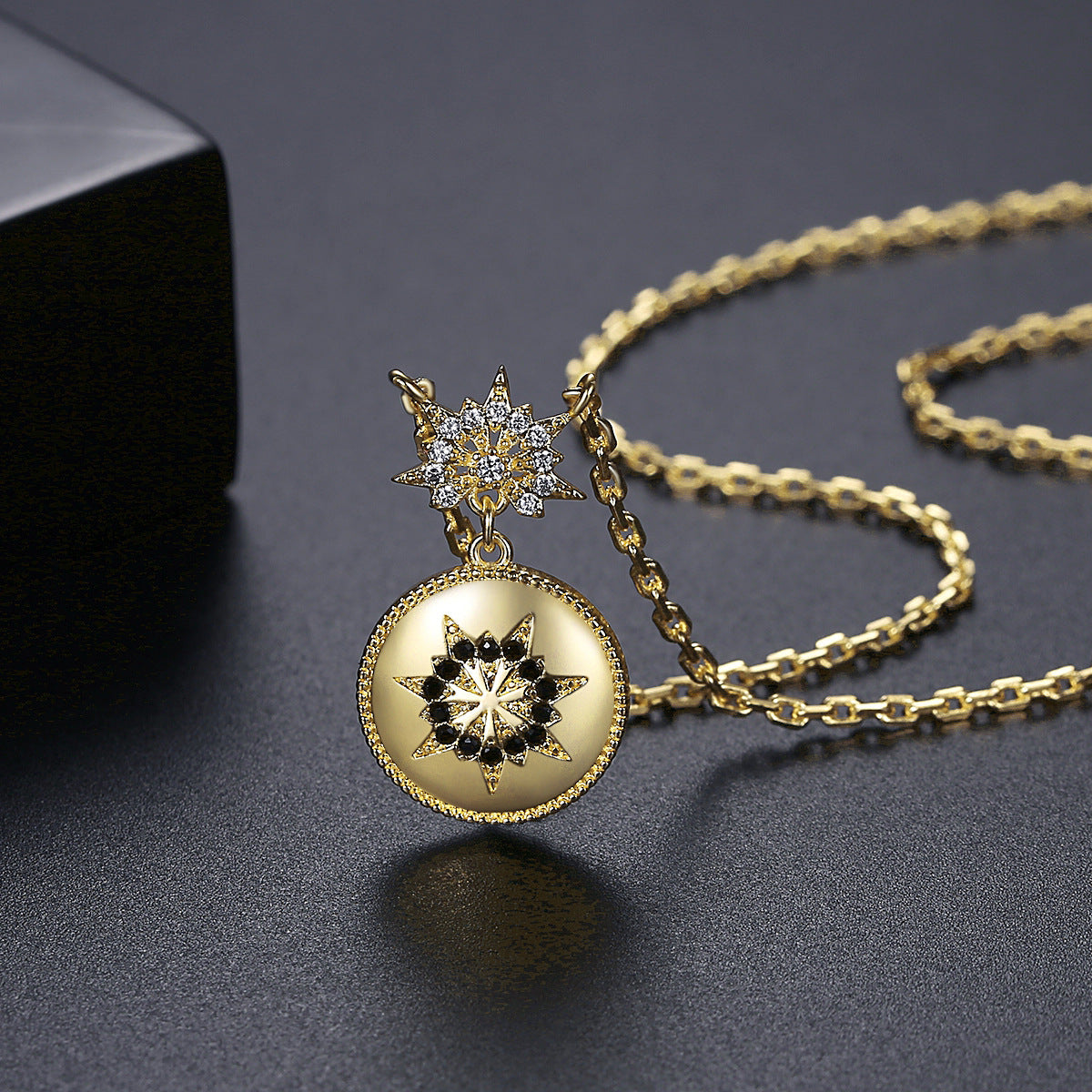 Black Cubic Zirconia and 18K Gold-Plated Floral Round Pendant Necklace, gold pendant necklace for women, detail close-up