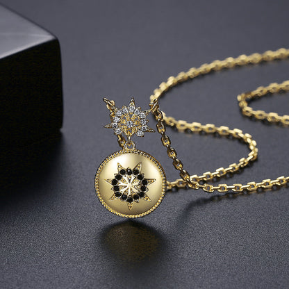 Black Cubic Zirconia and 18K Gold-Plated Floral Round Pendant Necklace, gold pendant necklace for women, detail close-up