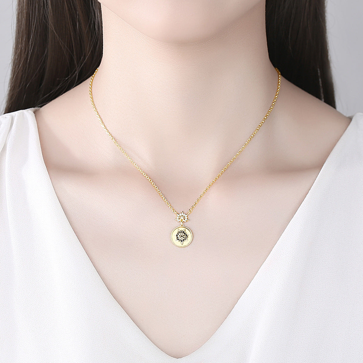 Black Cubic Zirconia and 18K Gold-Plated Floral Round Pendant Necklace, gold pendant necklace for women, styled look