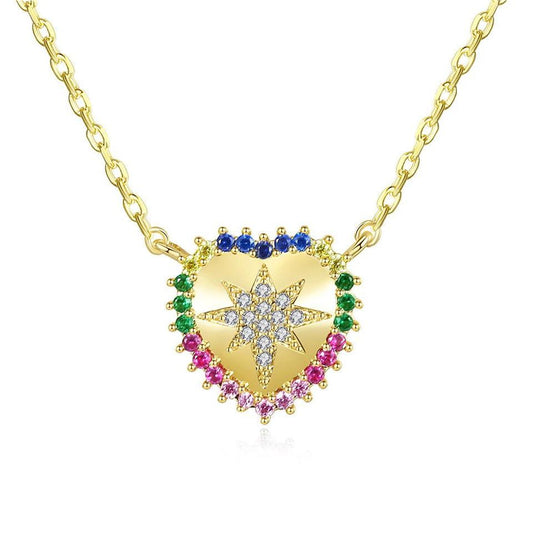 Pink and Green Cubic Zirconia Star Heart Pendant Necklace, pendant necklace for women, dainty minimalist design, front view