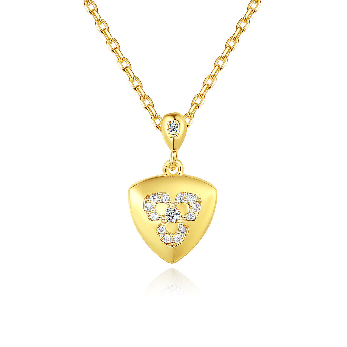 Cubic Zirconia and 18K Gold-Plated Flower Shield Pendant Necklace, gold pendant necklace for women, front view
