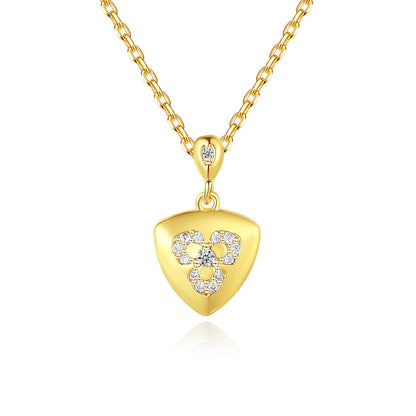 Cubic Zirconia and 18K Gold-Plated Flower Shield Pendant Necklace, gold pendant necklace for women, front view
