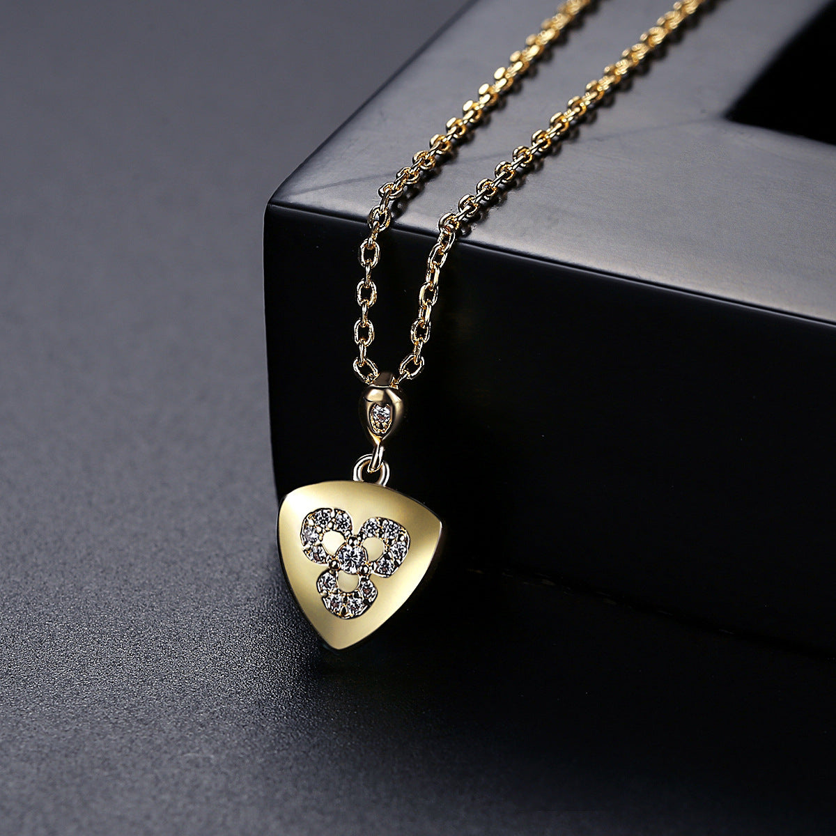 Cubic Zirconia and 18K Gold-Plated Flower Shield Pendant Necklace, gold pendant necklace for women, side view