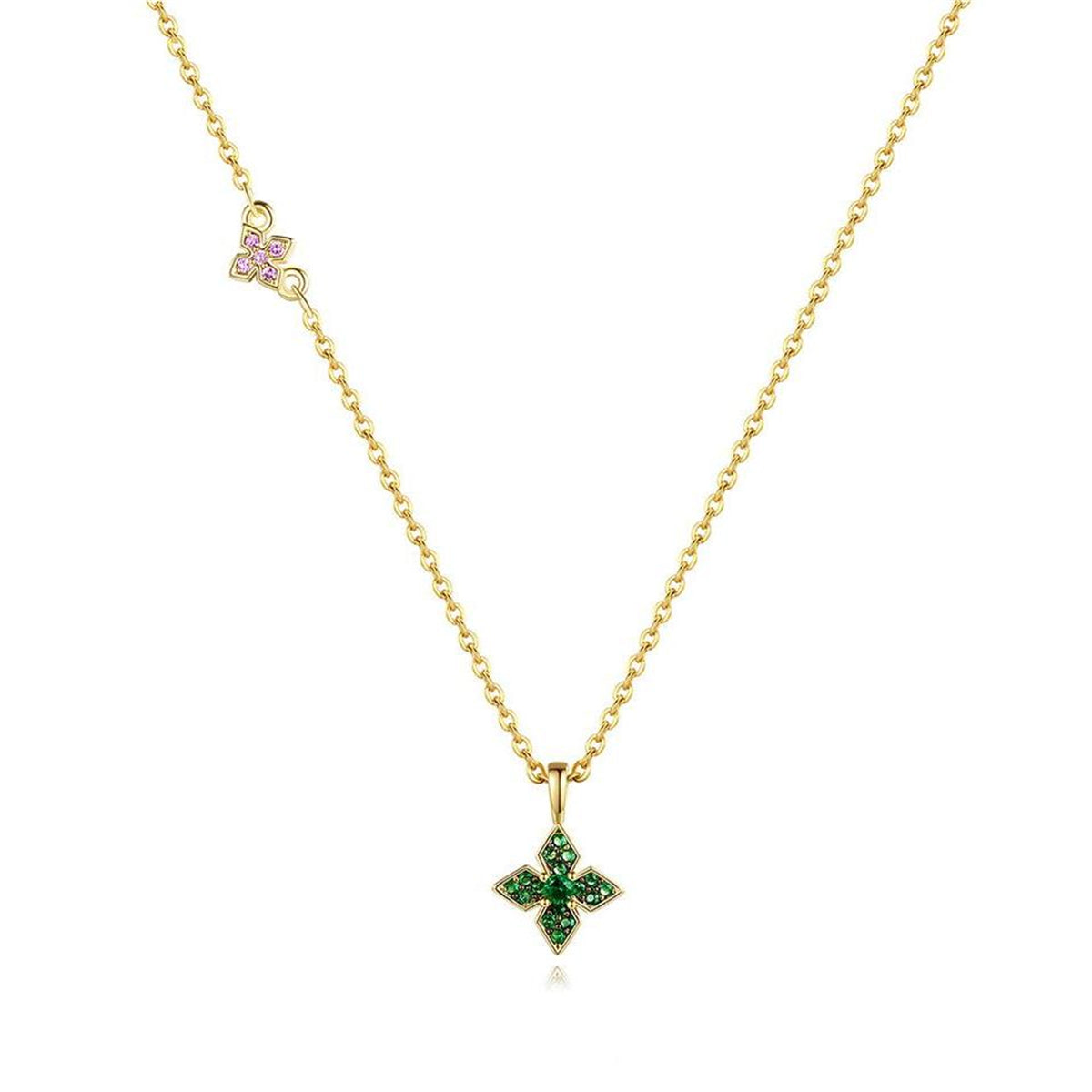 Green Cubic Zirconia and 18K Gold-Plated Clover Pendant Necklace, gold pendant necklace for women, front view