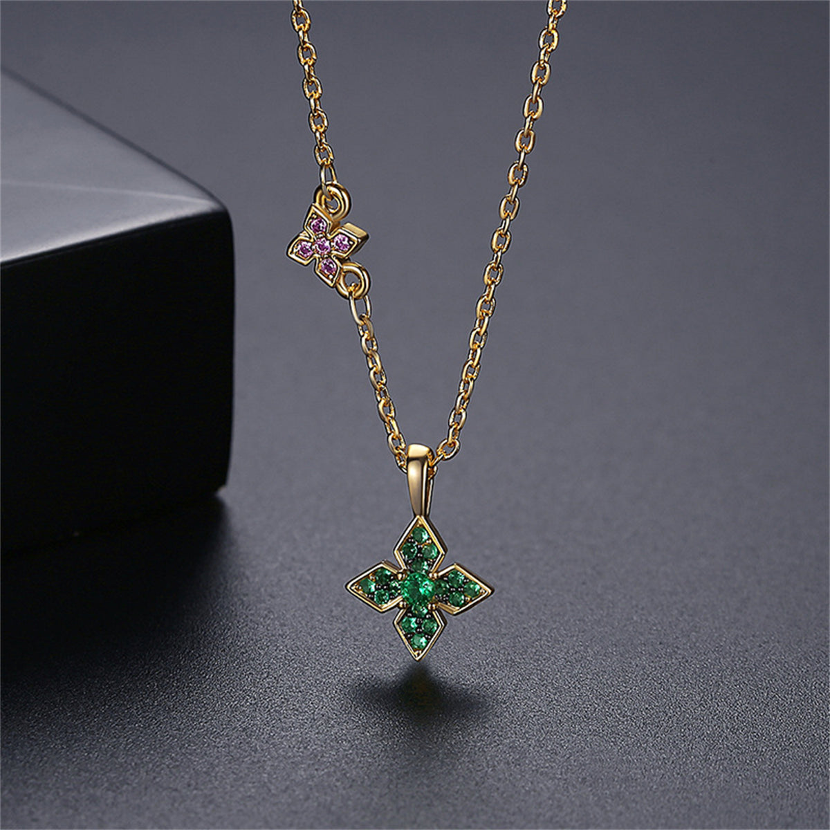 Green Cubic Zirconia and 18K Gold-Plated Clover Pendant Necklace, gold pendant necklace for women, side view