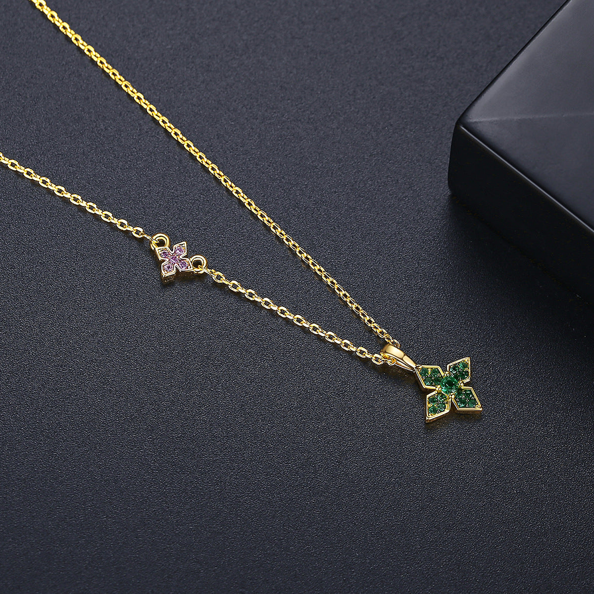 Green Cubic Zirconia & 18K Gold-Plated Clover Pendant Necklace