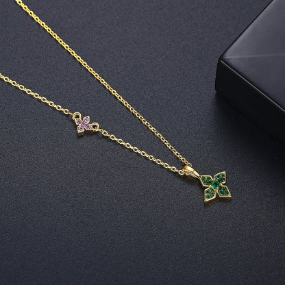 Green Cubic Zirconia and 18K Gold-Plated Clover Pendant Necklace, gold pendant necklace for women, lifestyle look