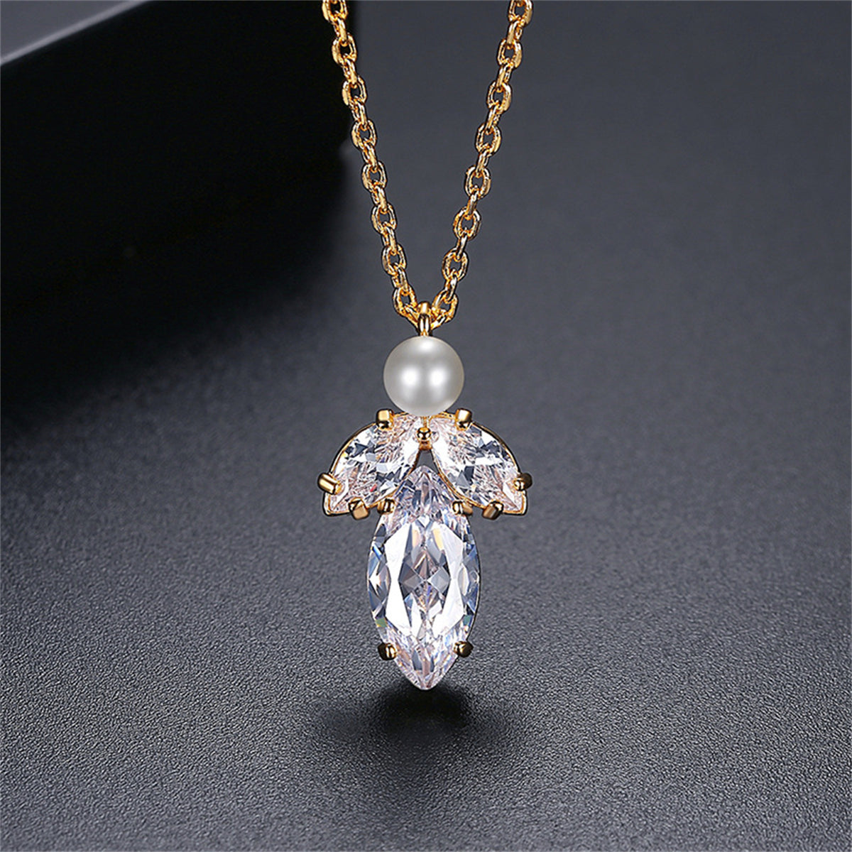 Marquise Crystal and Pearl 18K Gold-Plated Pendant Necklace, gold pendant necklace for women, elegant gift for her, side view