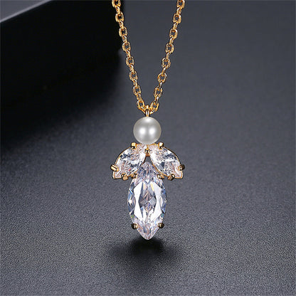 Marquise Crystal and Pearl 18K Gold-Plated Pendant Necklace, gold pendant necklace for women, elegant gift for her, side view