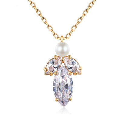 Marquise Crystal and Pearl 18K Gold-Plated Pendant Necklace, gold pendant necklace for women, front view