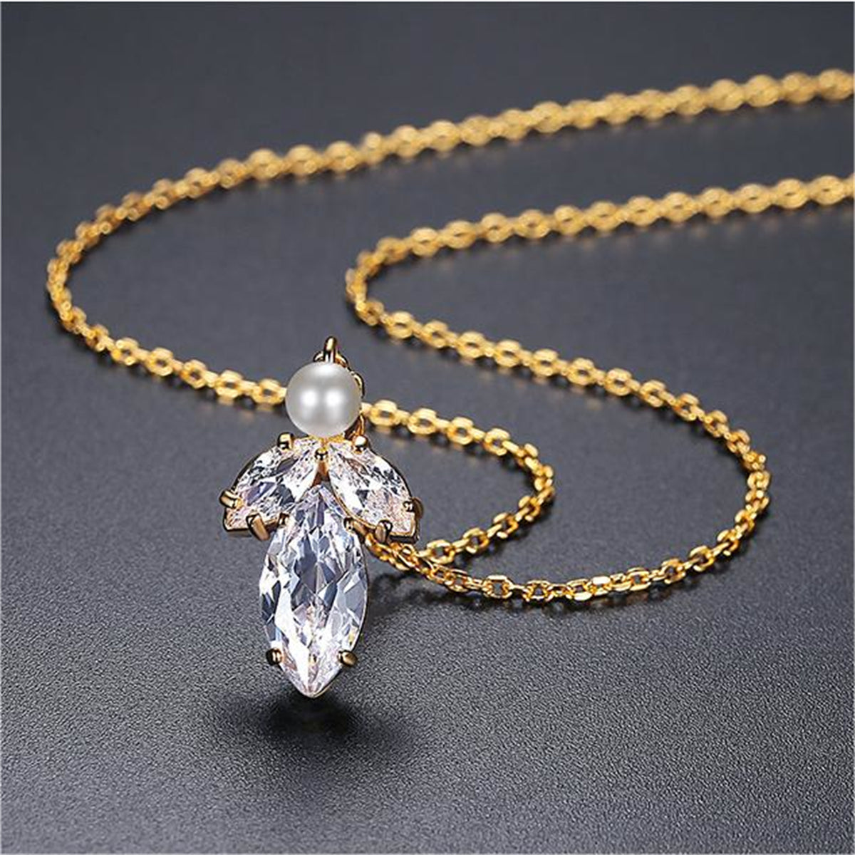Marquise Crystal and Pearl 18K Gold-Plated Pendant Necklace, gold pendant necklace for women, detail close-up