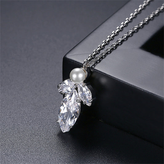 Marquise Crystal and Pearl Silver-Plated Pendant Necklace, silver pendant necklace for women, botanical inspired, front view