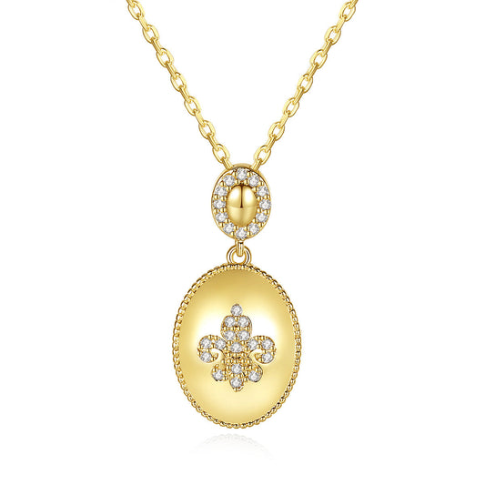 Cubic Zirconia and 18K Gold-Plated Fleur-De-Lis Oval Pendant Necklace, gold pendant necklace for women, front view