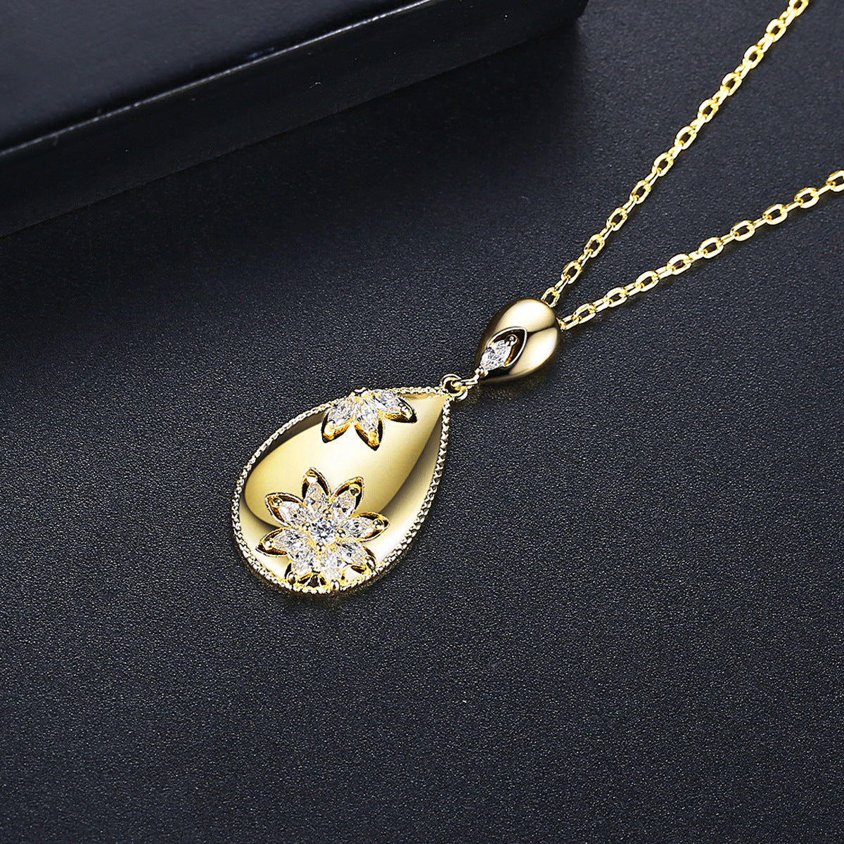 Crystal and 18K Gold-Plated Flower Teardrop Pendant Necklace, gold pendant necklace for women, side view