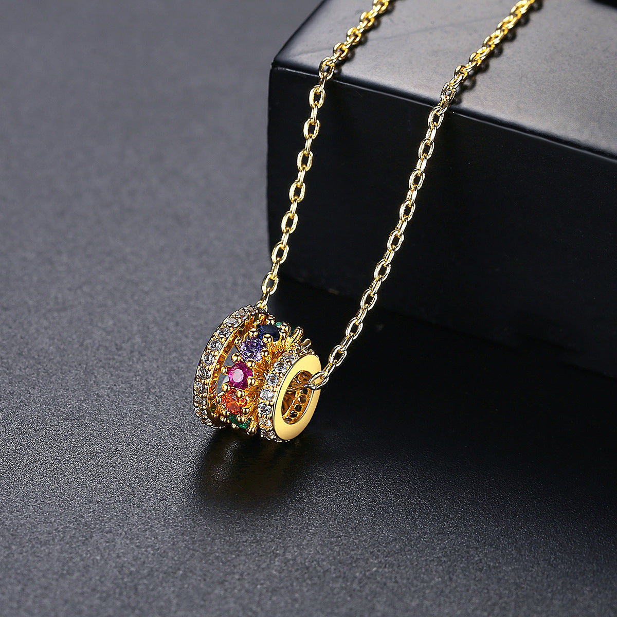 Crystal and 18K Gold-Plated Multicolor Stacked Pendant Necklace, gold pendant necklace for women, side view