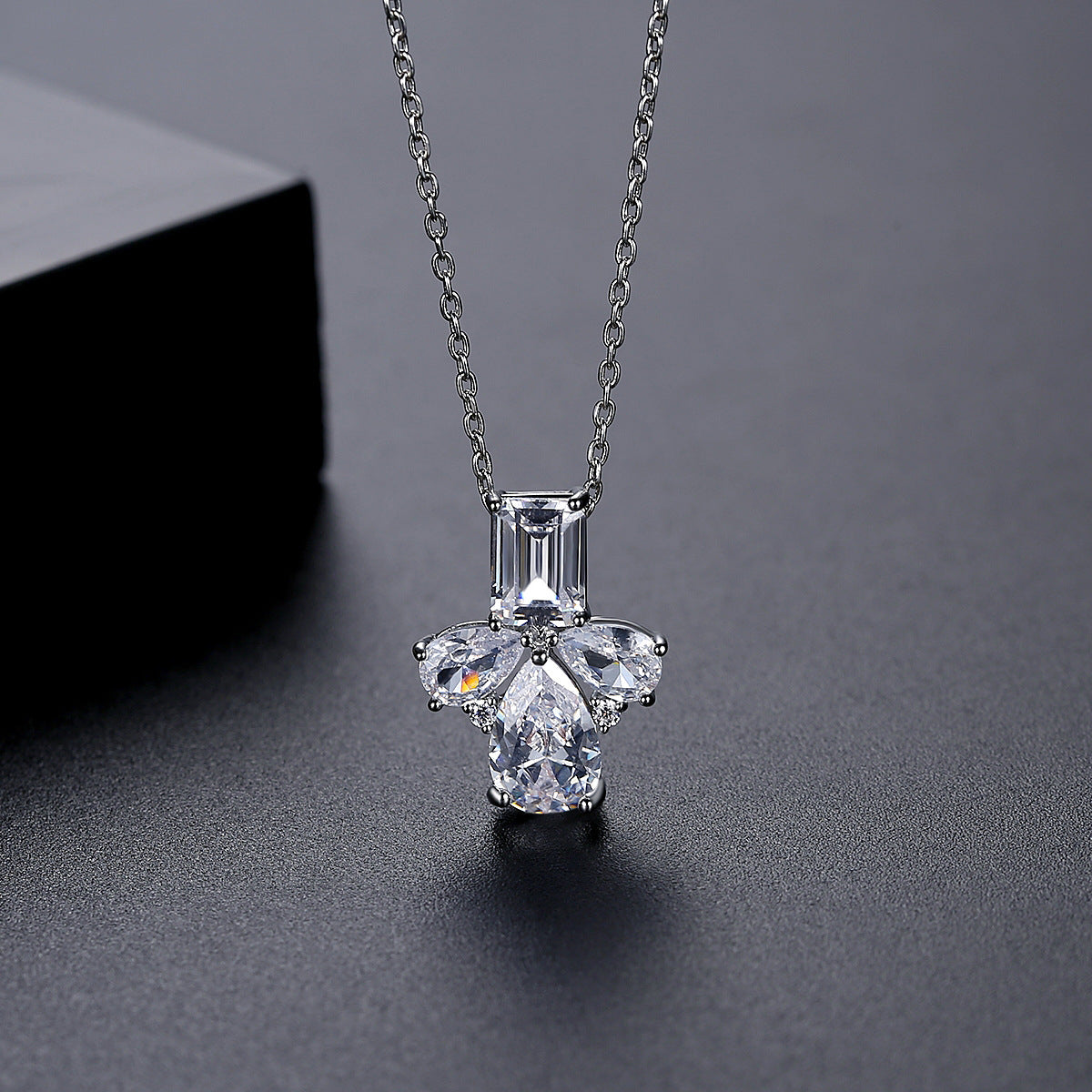 Crystal and Silver-Plated Geometric Pendant Necklace, silver pendant necklace for women, botanical inspired, side view