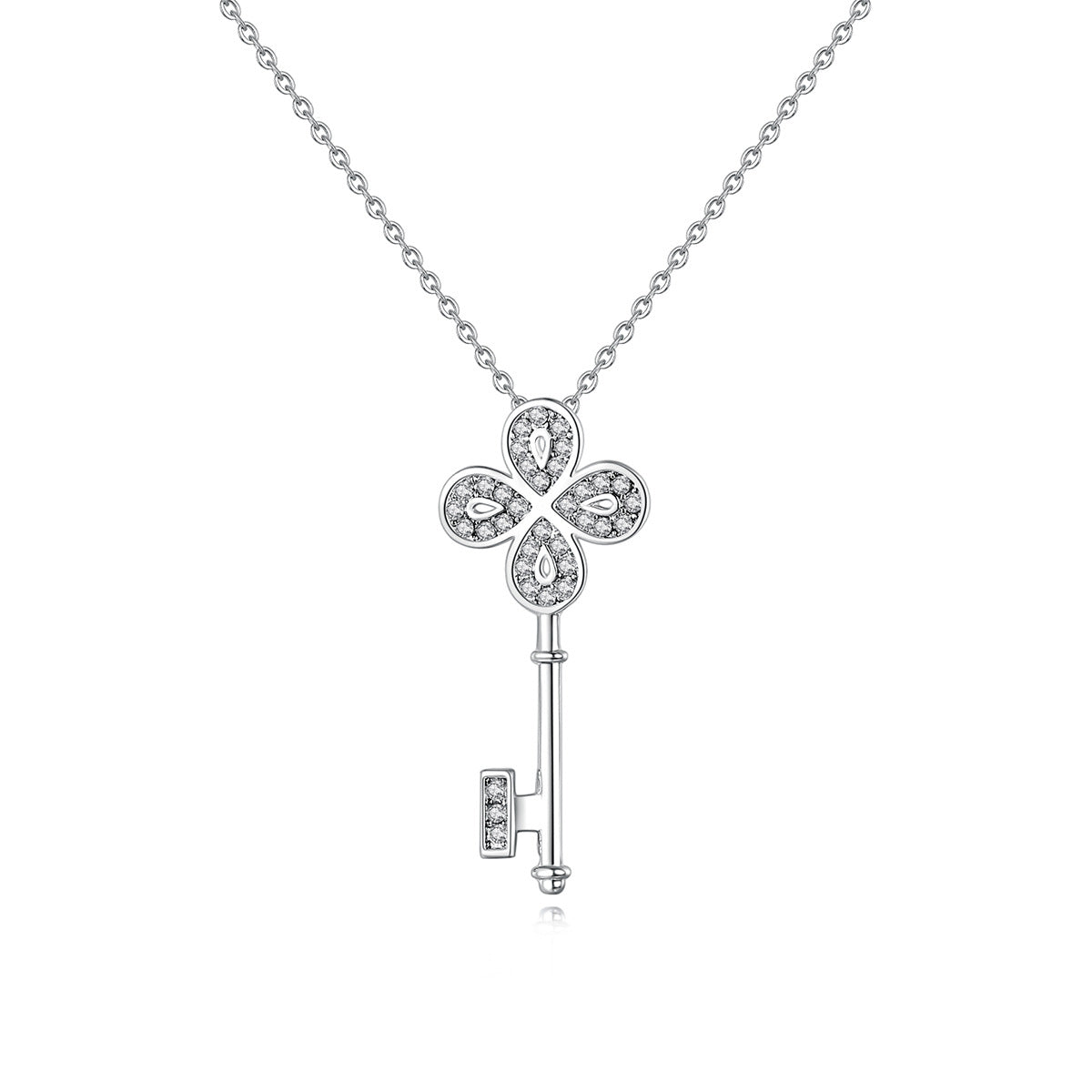 Cubic Zirconia and Silver-Plated Key Pendant Necklace, silver pendant necklace for women, everyday style, front view