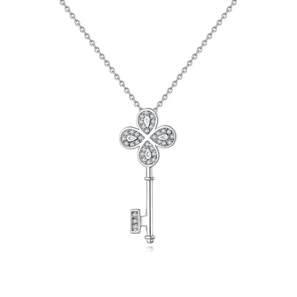 Cubic Zirconia and Silver-Plated Key Pendant Necklace, silver pendant necklace for women, everyday style, front view