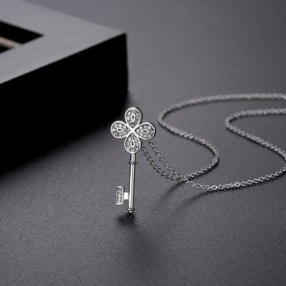 Cubic Zirconia and Silver-Plated Key Pendant Necklace, silver pendant necklace for women, everyday style, side view