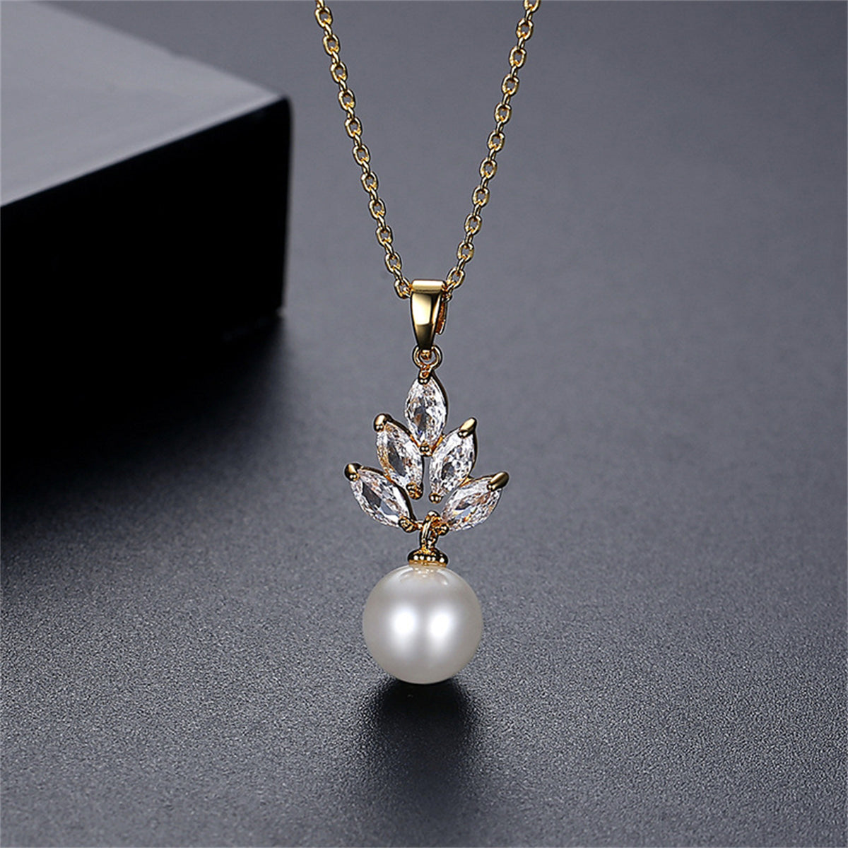 Pearl and Crystal 18K Gold-Plated Leaf Pendant Necklace, gold pendant necklace for women, everyday style, side view