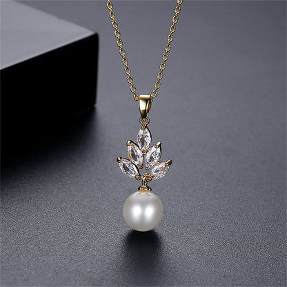 Pearl and Crystal 18K Gold-Plated Leaf Pendant Necklace, gold pendant necklace for women, everyday style, side view