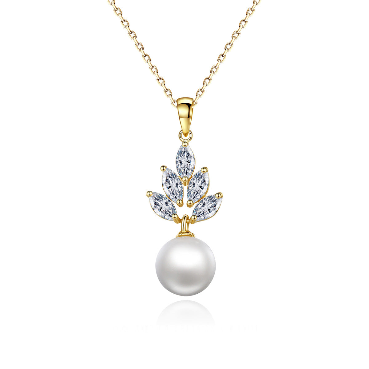 Pearl and Crystal 18K Gold-Plated Leaf Pendant Necklace, gold pendant necklace for women, everyday style, front view