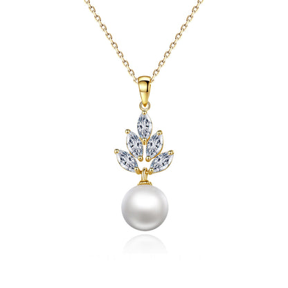 Pearl and Crystal 18K Gold-Plated Leaf Pendant Necklace, gold pendant necklace for women, everyday style, front view