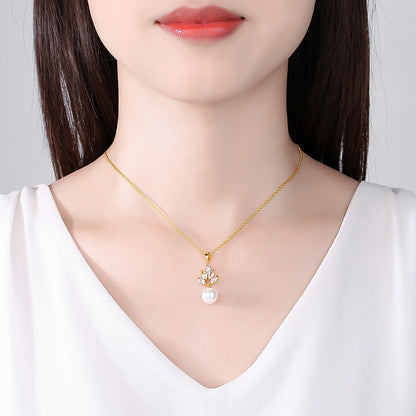 Pearl and Crystal 18K Gold-Plated Leaf Pendant Necklace, gold pendant necklace for women, everyday style, detail close-up