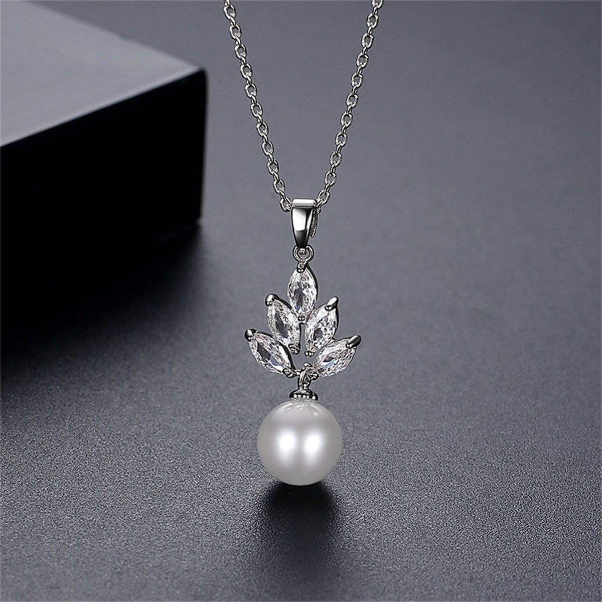 Pearl and Crystal Silver-Plated Marquise-Cut Pendant Necklace, silver pendant necklace for women, front view