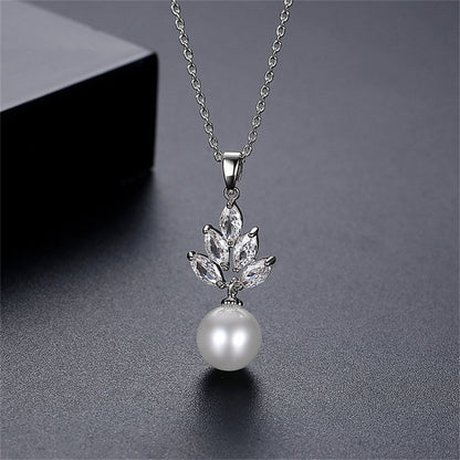 Pearl and Crystal Silver-Plated Marquise-Cut Pendant Necklace, silver pendant necklace for women, front view
