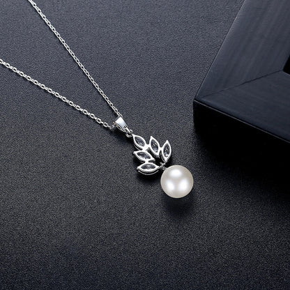 Pearl and Crystal Silver-Plated Marquise-Cut Pendant Necklace, silver pendant necklace for women, side view
