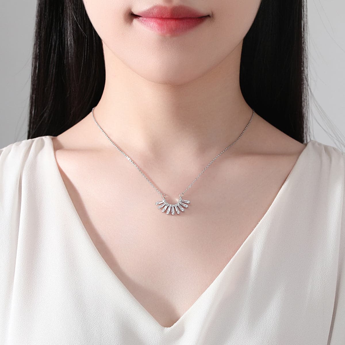 Crystal and Cubic Zirconia Fan Pendant Necklace, pendant necklace for women, elegant gift for her, front view