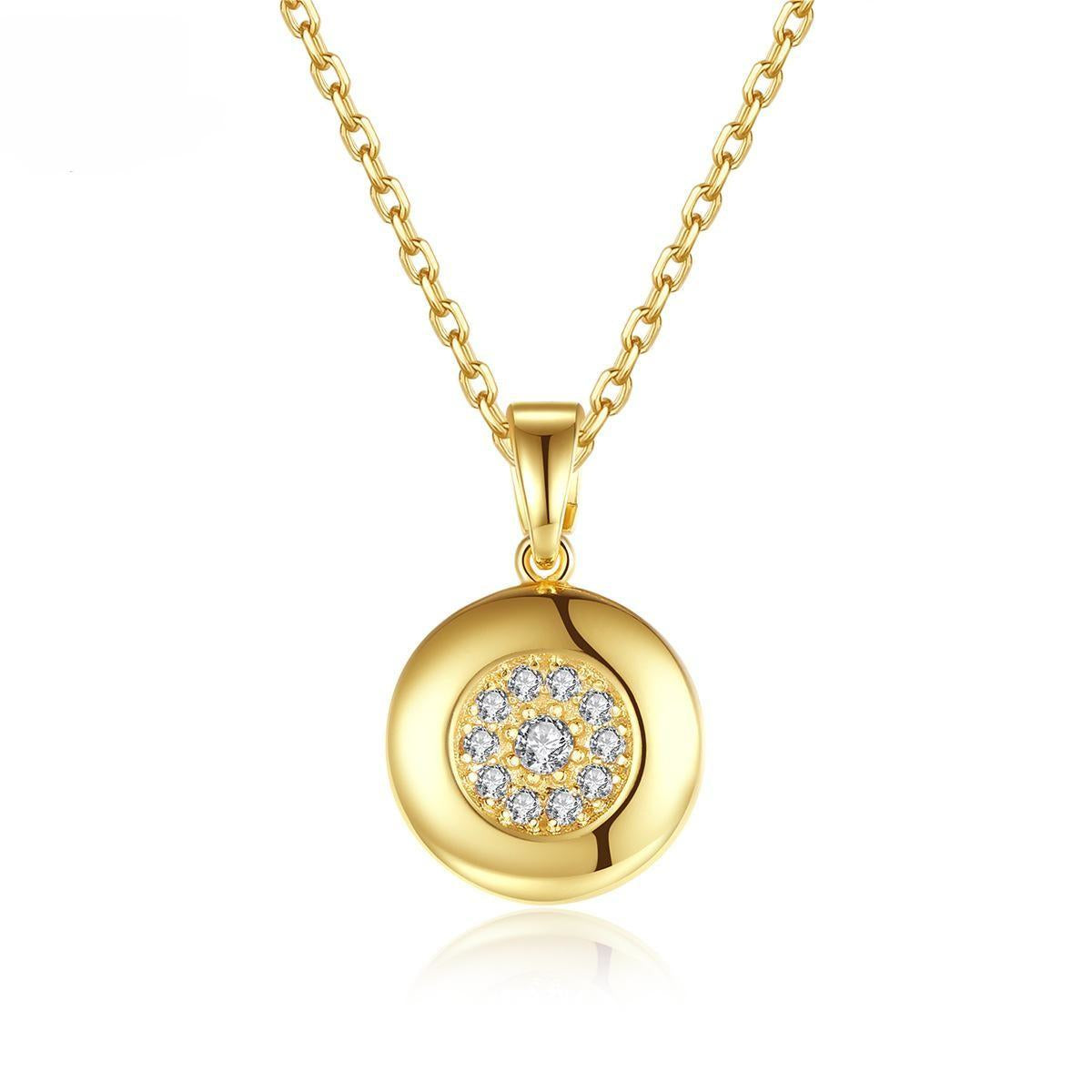 Cubic Zirconia and 18K Gold-Plated Round Pendant Necklace, gold pendant necklace for women, elegant gift for her, front view