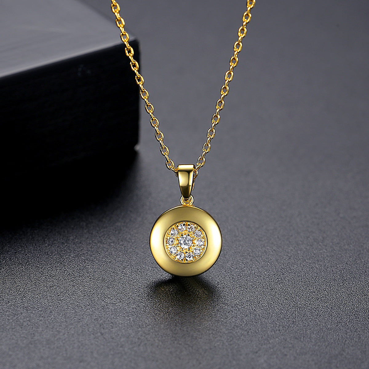 Cubic Zirconia and 18K Gold-Plated Round Pendant Necklace, gold pendant necklace for women, elegant gift for her, side view
