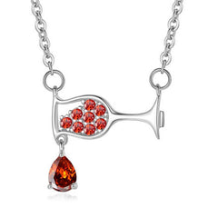Red Crystal & Cubic Zirconia Silver-Plated Pouring Wine Glass Pendant Necklace