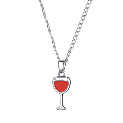 Red Enamel and Silver-Plated Wine Cup Pendant Necklace, silver pendant necklace for women, elegant gift for her, styled look