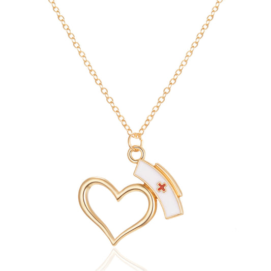 Enamel and 18K Gold-Plated Open Heart Nurse Cap Pendant Necklace, gold pendant necklace for women, front view