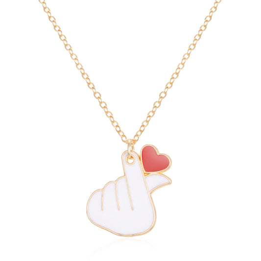 Red Enamel and 18K Gold-Plated Finger Heart Pendant Necklace, gold pendant necklace for women, everyday style, front view