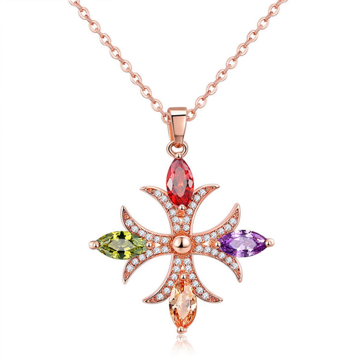 Multicolor Crystal and Cubic Zirconia Botany Cross Pendant Necklace, pendant necklace for women, front view