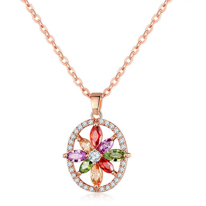 Multicolor Crystal and Cubic Zirconia Flower Halo Pendant Necklace, pendant necklace for women, front view