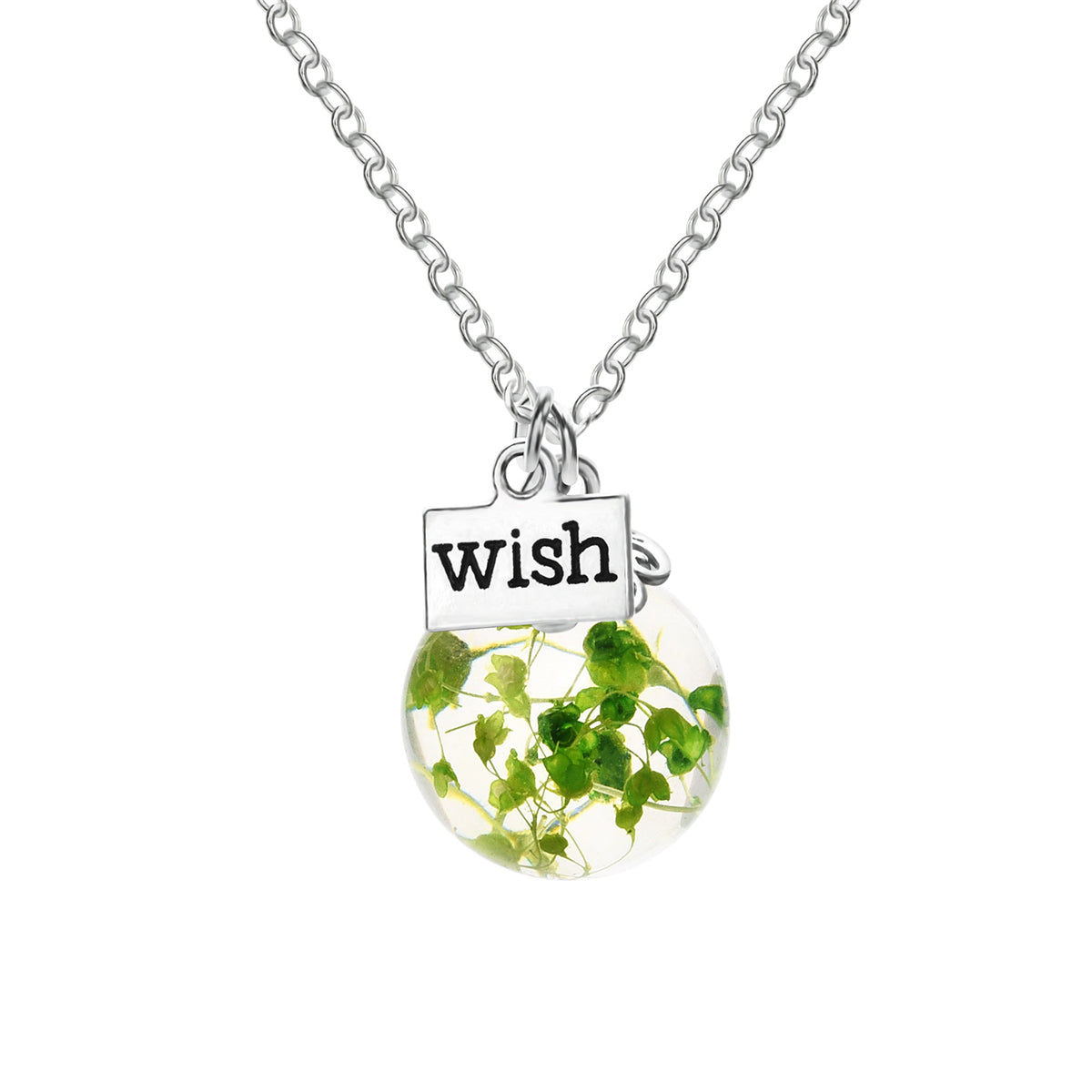 Green Gypsophila and Silver-Plated 'Wish' Pendant Necklace, silver pendant necklace for women, everyday style, side view