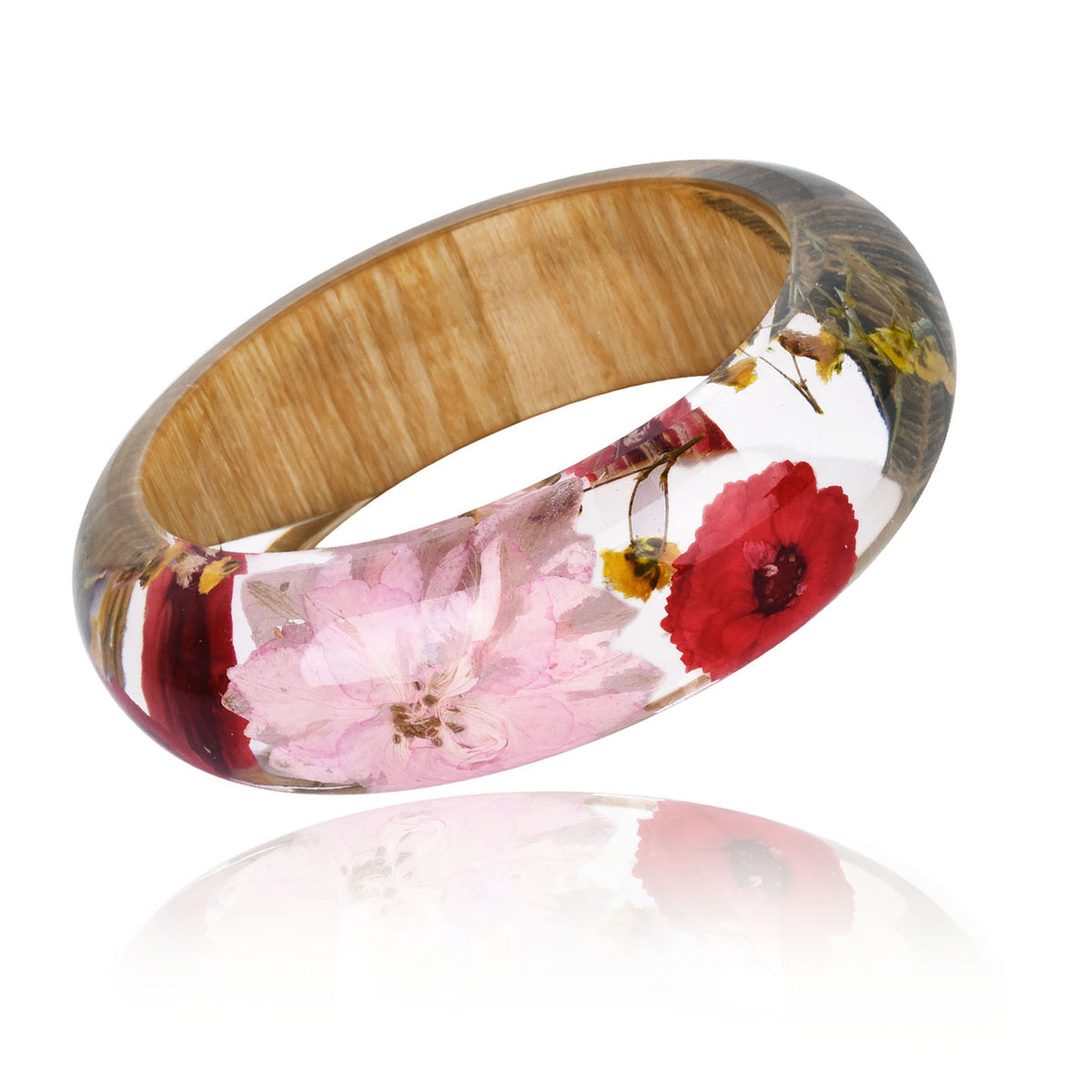 Pink Dried Flower Wooden Bangle, bangle bracelet, vintage-inspired design, side view