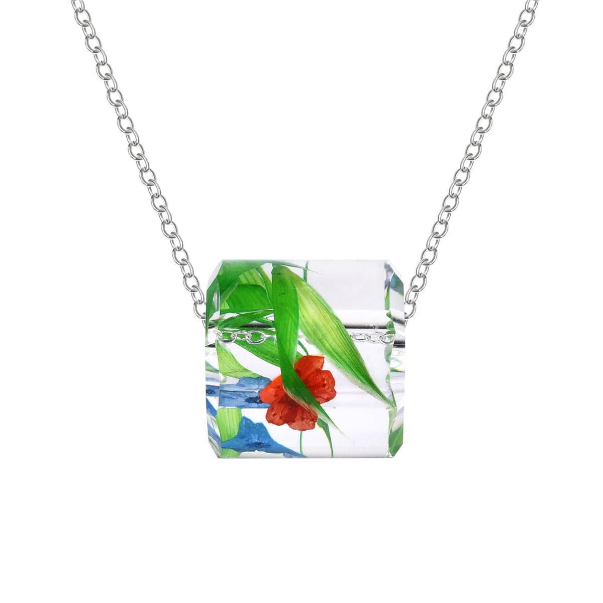 Green Dried Flower & Silver-Plated Cylinder Pendant Necklace