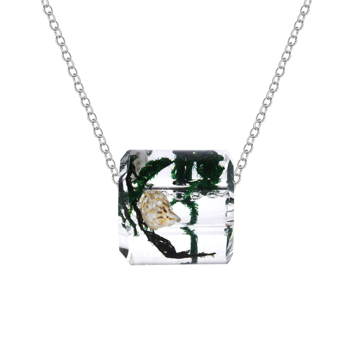 Dark Green Dried Algae and Silver-Plated Cylinder Pendant Necklace, silver pendant necklace for women, side view