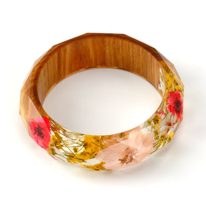 Pink and Yellow Dried Flower Wooden Bangle, bangle bracelet, botanical inspired, side view