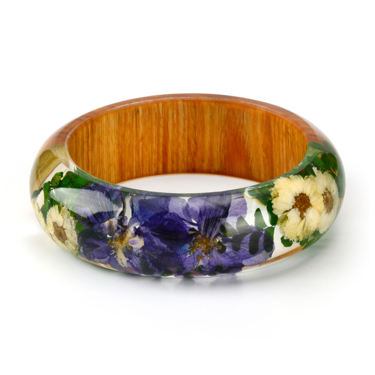 Blue Dried Flower and Resin Wood Bangle, bangle bracelet, botanical inspired, front view
