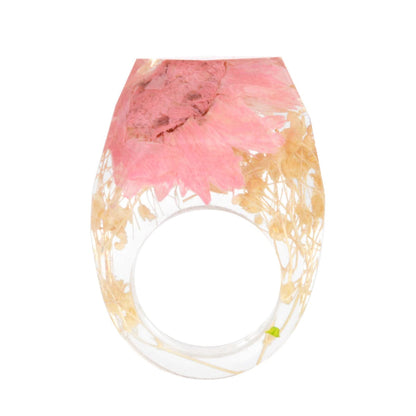 Pink and Natural Dried Flower Ring, statement rings for women, botanical inspired, front view